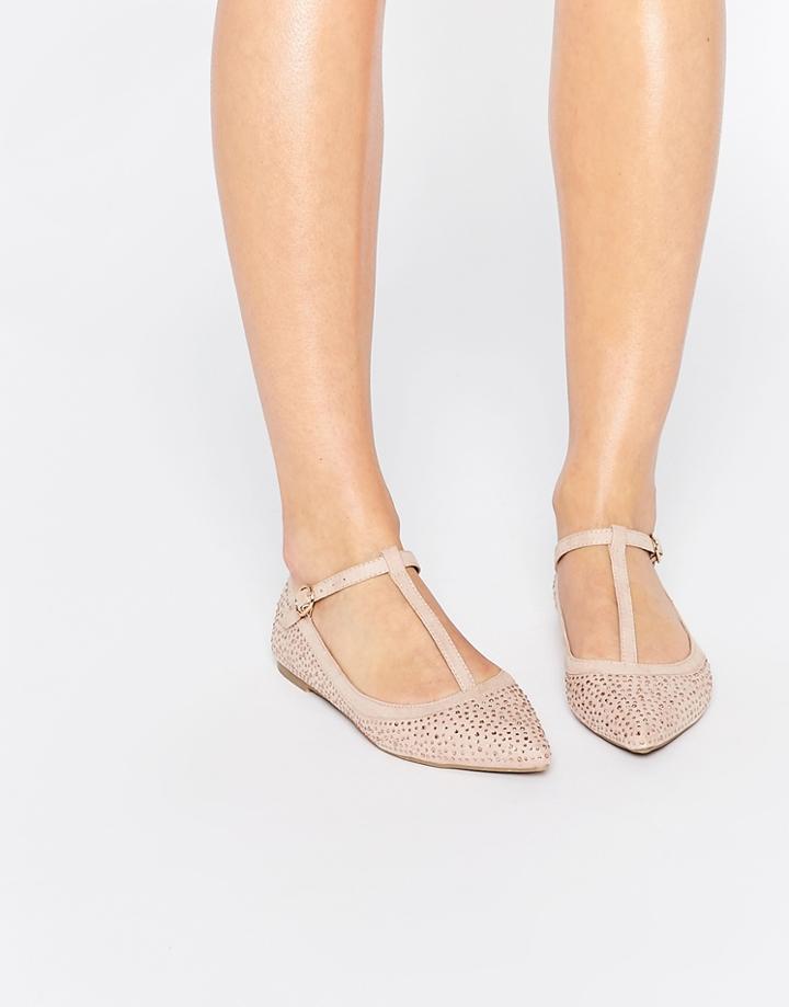 Oasis T Bar Point Sparkle Flat Shoe - Nude