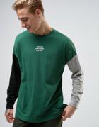 Asos Oversized Long Sleeve T-shirt With Text Print And Contrast Sleeves - Green