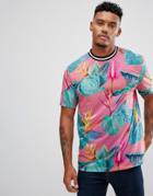 Asos Relaxed T-shirt With All Over Floral Print And Tipped Neck Trim - Pink