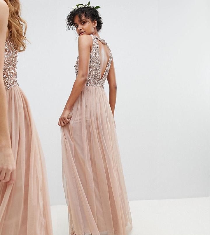 Maya Sleeveless Sequin Bodice Tulle Detail Maxi Bridesmaid Dress With Cutout Back - Brown