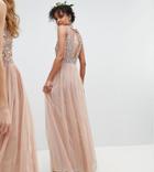 Maya Sleeveless Sequin Bodice Tulle Detail Maxi Bridesmaid Dress With Cutout Back - Brown