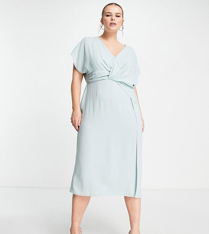 Asos Design Curve Twist And Drape Front Midi Dress In Duck Egg-blue