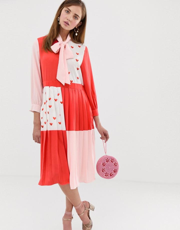 Sister Jane Midi Dress With Pussybow In Heart Print Color Block - Red