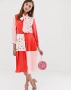 Sister Jane Midi Dress With Pussybow In Heart Print Color Block - Red