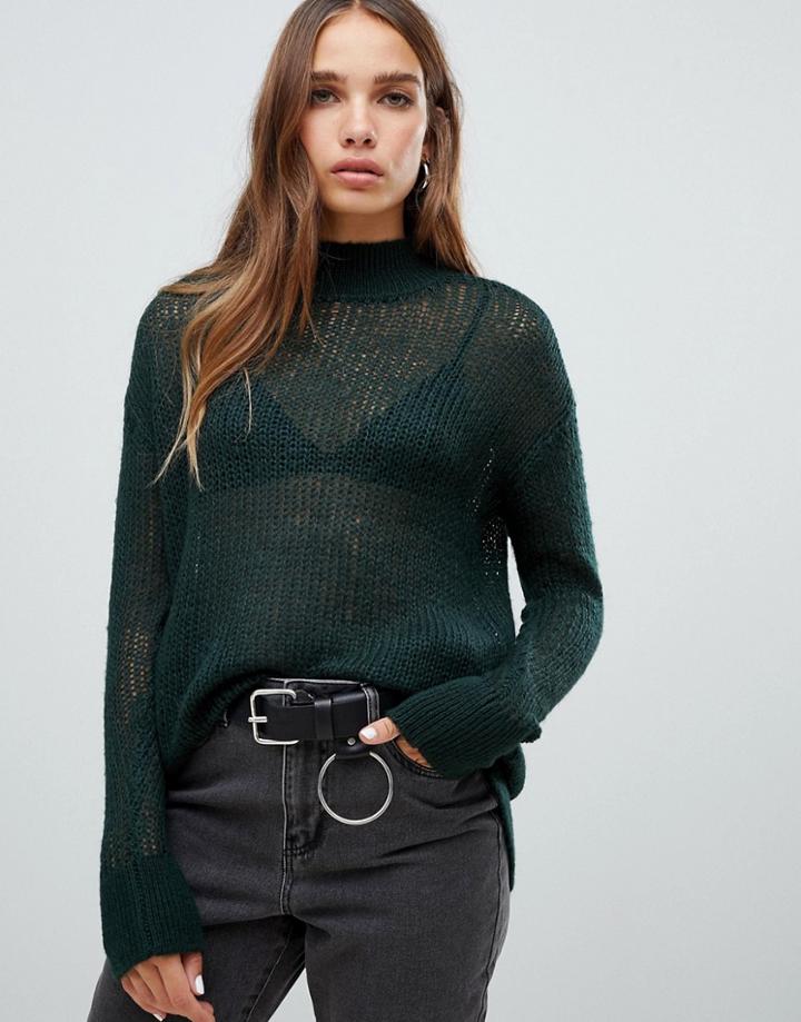 Noisy May High Neck Fine Knit Sweater-green