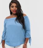 Vero Moda Curve Bardot Tie Sleeve Blouse - Blue