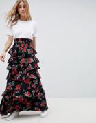 Asos Design Shirred Waist Tiered Maxi Skirt In Rose Floral Print - Multi