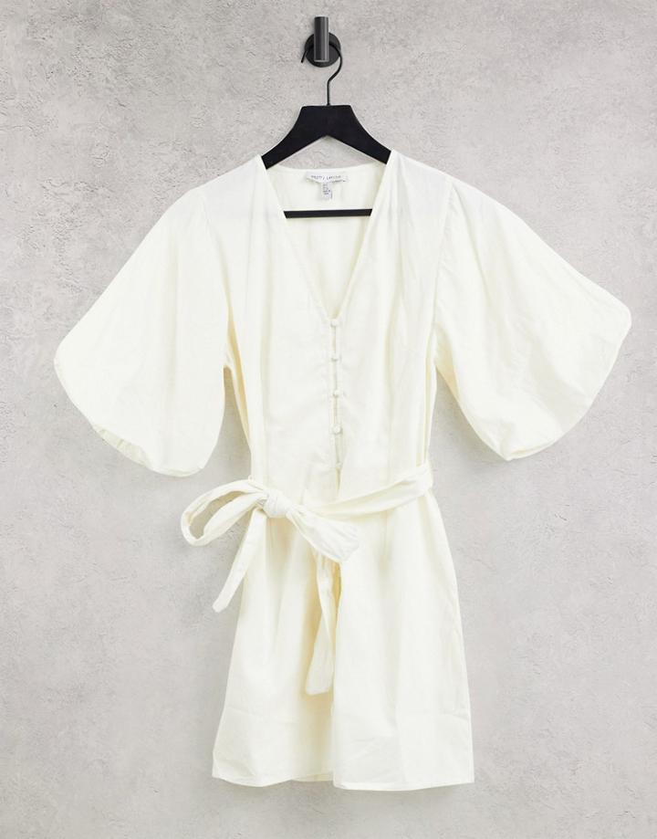 Pretty Lavish Oversized Sleeve Tie Waist Mini Dress In White