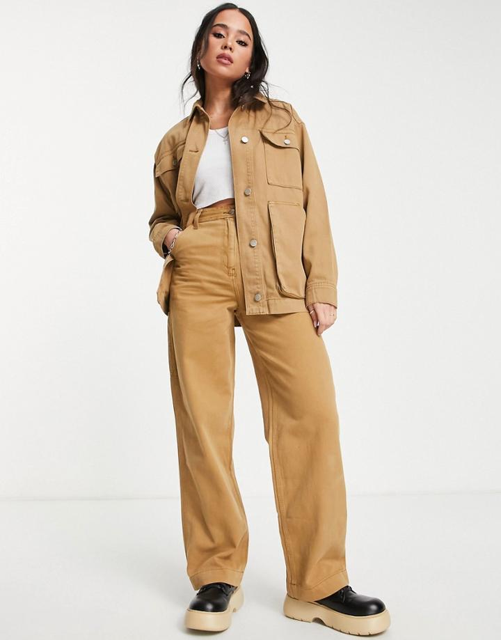 Topshop Straight Leg Casual Pants In Washed Camel - Part Of A Set-neutral