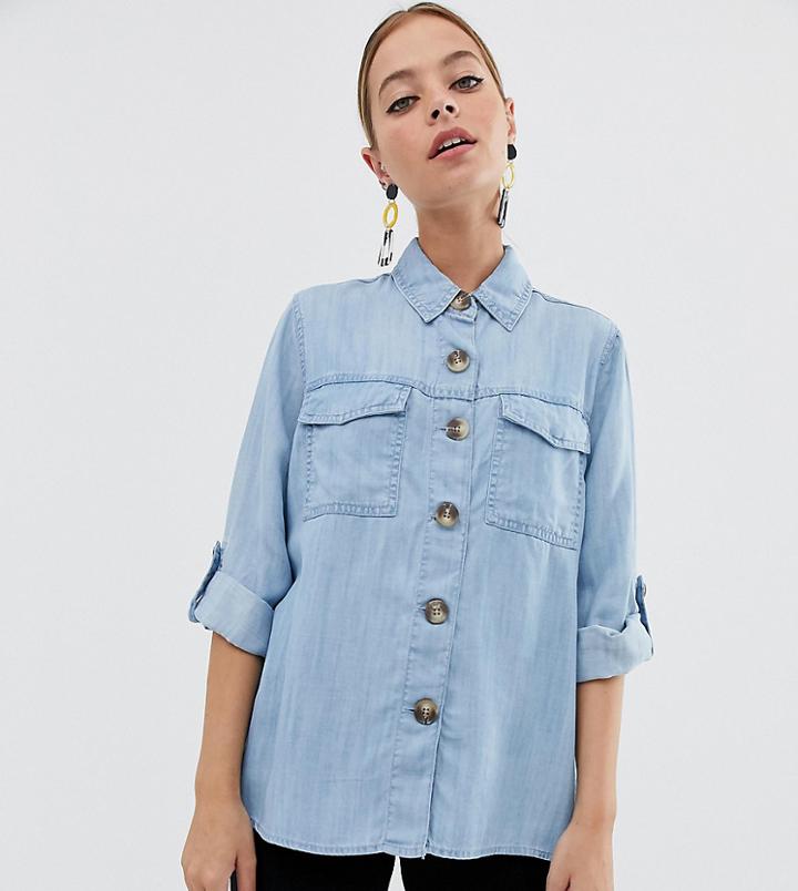 River Island Petite Denim Shirt In Mid Wash - Blue