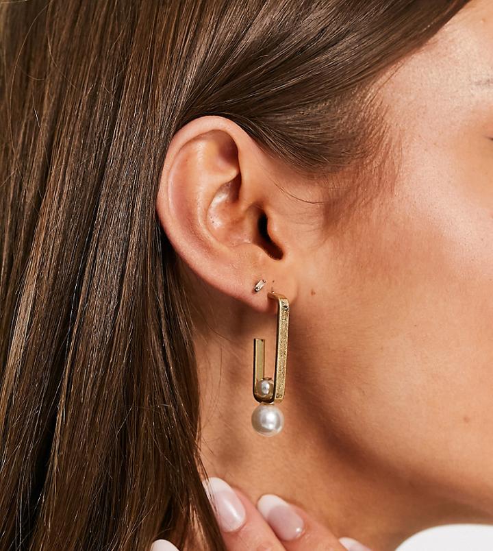 South Beach Square Hoop Earrings With Faux Pearl In Gold