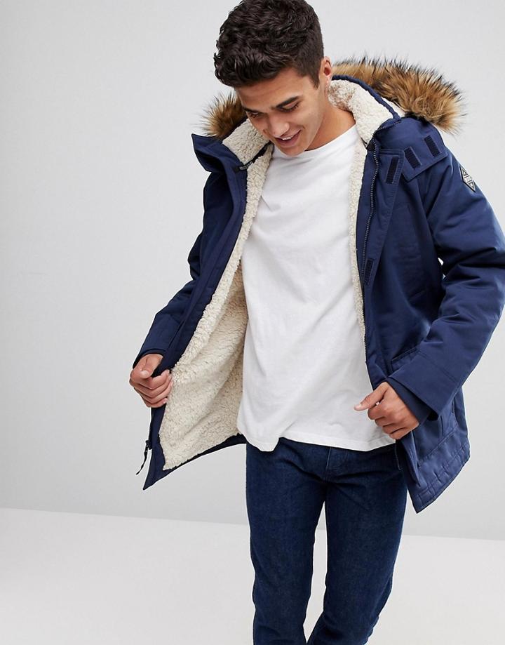 Hollister All Weather Parka Jacket Faux Fur Hood In Navy - Navy