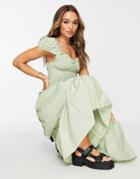 Asos Design Shirred Bust Midi Dress With Tiered Skirt In Sage Green