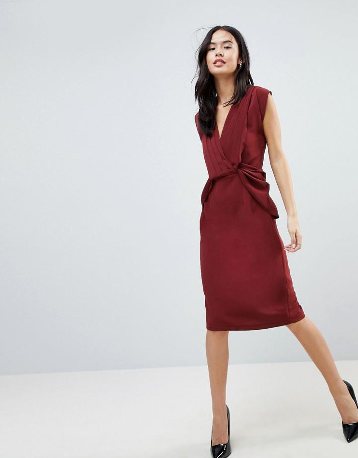 Asos Drape Front Midi Pencil Dress - Red