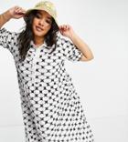 Asos Design Curve Broderie Midi Tiered Shirt Dress In Mono Contrast-white