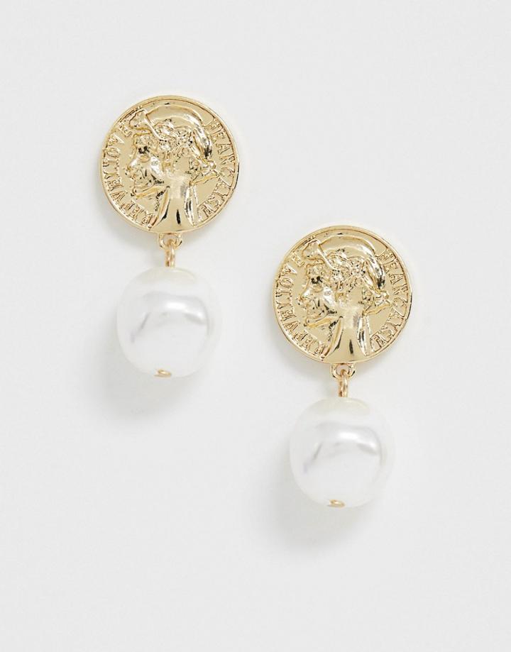 Designb London Gold Coin Faux Pearl Earrings - Gold