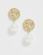 Designb London Gold Coin Faux Pearl Earrings - Gold