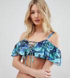 Asos Design Fuller Bust Lace Up Frill Bardot Bikini Top Dd-g In Peacock Print - Multi