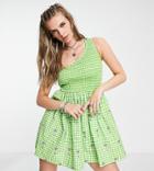 Collusion One Shoulder Shirred Gingham Mini Dress With Embroidery In Green