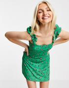 Asos Design Mini Dress With Frill Strap In Green Paisley Print
