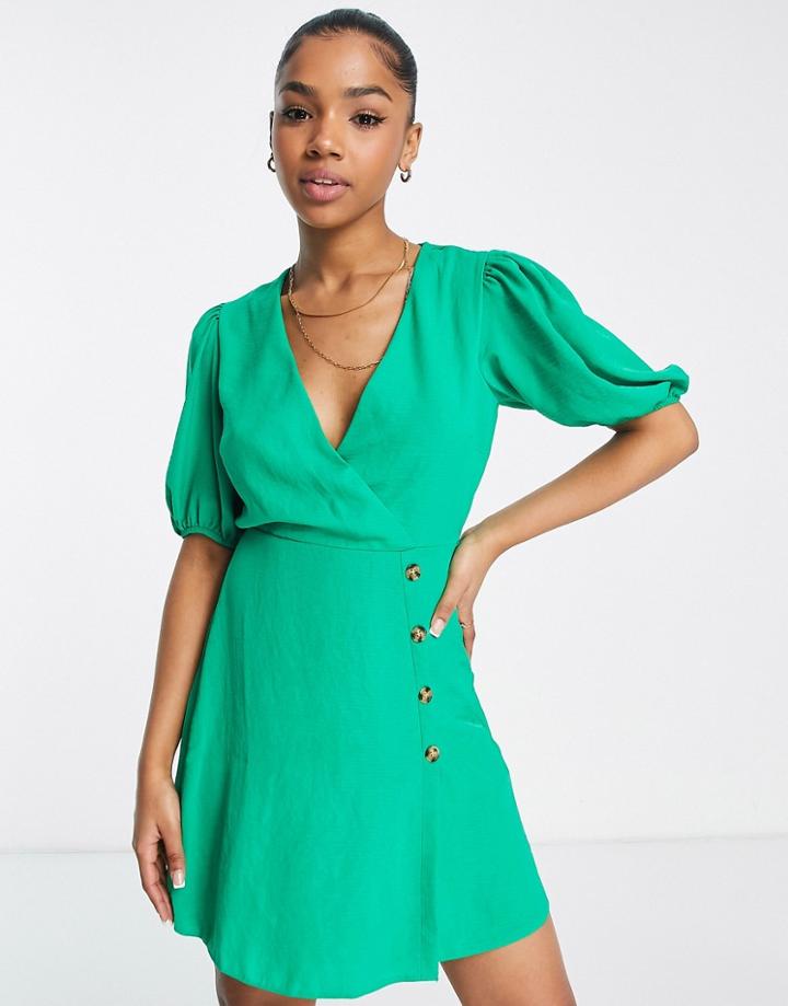 New Look Puff Sleeve Mini Dress In Green