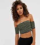 Asos Design Tall Off Shoulder Top With Short Sleeve In Neon Stripe - Black