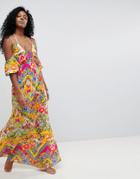 Asos Cuban Tile Print Off Shoulder Bardot Frill Maxi Beach Dress - Multi