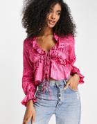 River Island Satin Jacquard Tie Front Blouse In Pink