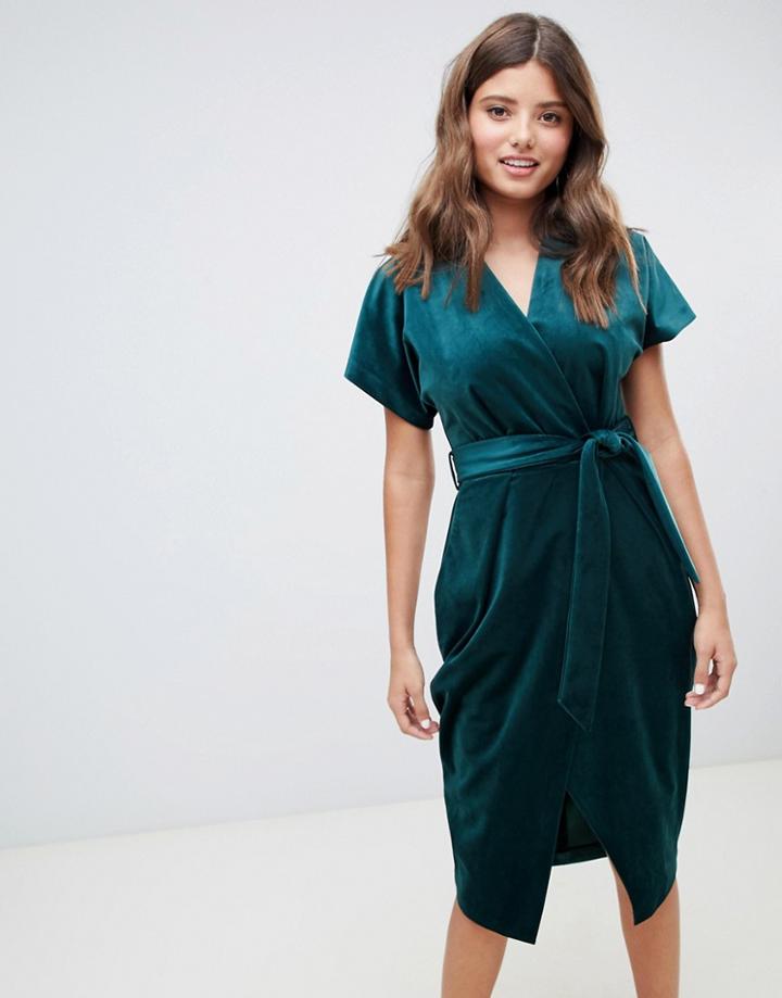 Closet London Velvet Wrap Dress In Emerald Green - Green