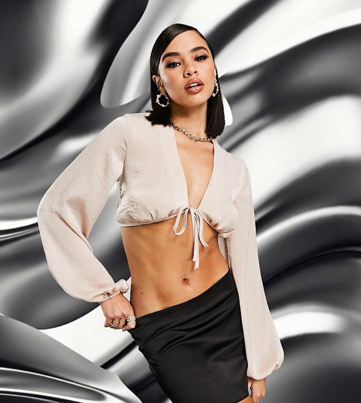 Asyou Satin Long Sleeve Tie Front Crop Top In Blush-blue