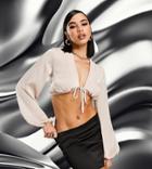 Asyou Satin Long Sleeve Tie Front Crop Top In Blush-blue