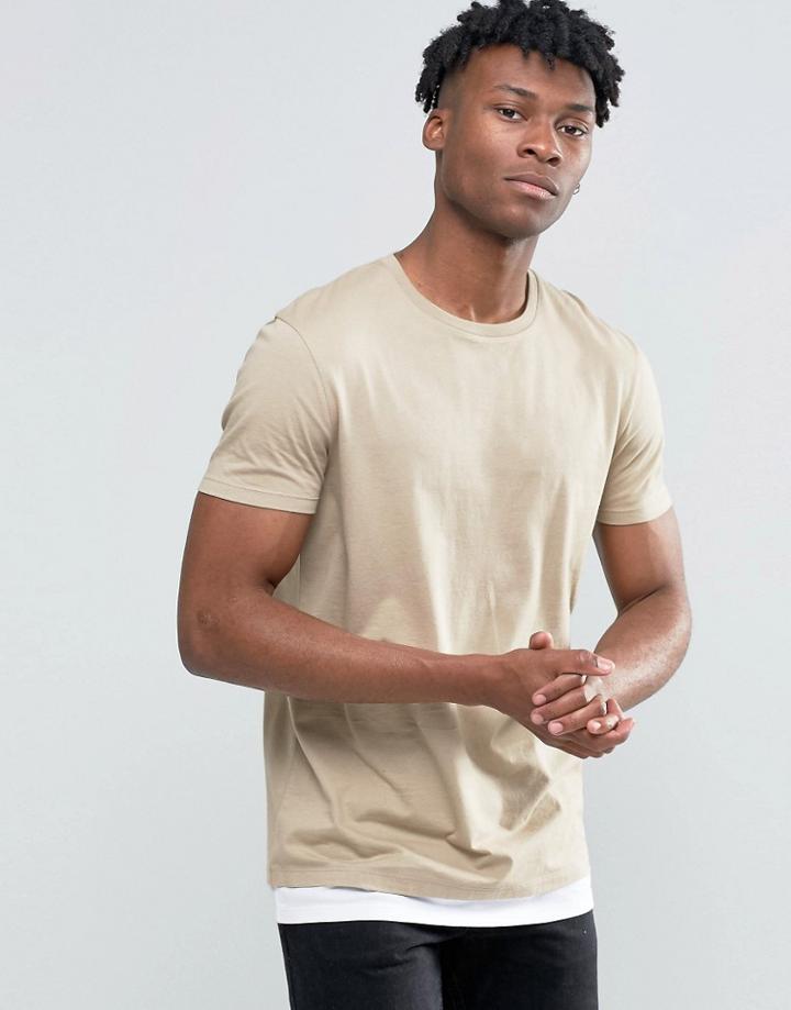 Asos Longline T-shirt In Beige With Contrast Hem Extender - Beige