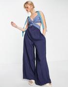 Topshop Color Block Tie Sleeve Jumpsuit In Blue