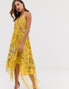 Asos Edition Strappy Wrap Embroidered Fringe Dress - Yellow