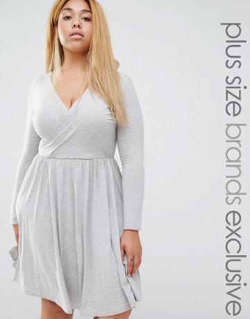 Club L Lounge Plus Long Sleeve Wrap Front Skater Dress - Gray