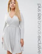 Club L Lounge Plus Long Sleeve Wrap Front Skater Dress - Gray