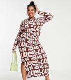 Collusion Plus Typo Print Jersey Midi Skirt-brown