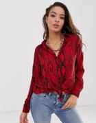 Asos Design Tie Front Long Sleeve Shirt In Red Snake Animal Print - Multi