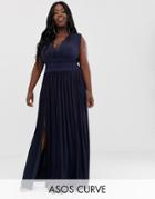 Asos Design Curve Premium Lace Insert Pleated Maxi Dress - Navy