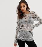 Rokoko Ruched Mesh Top In Newspaper Print - Multi