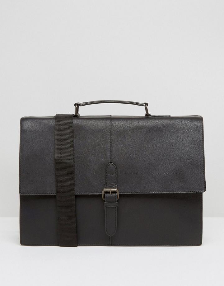Asos Leather Satchel In Black With Buckle Strap - Black