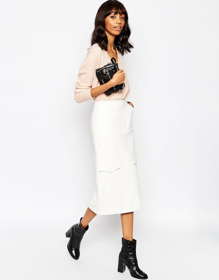 Asos Leather Look Pencil Skirt With Utility Pockets - White