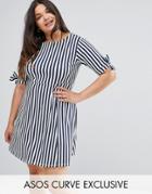 Asos Curve Skater Dress With Bow Sleeve In Stripe - Multi
