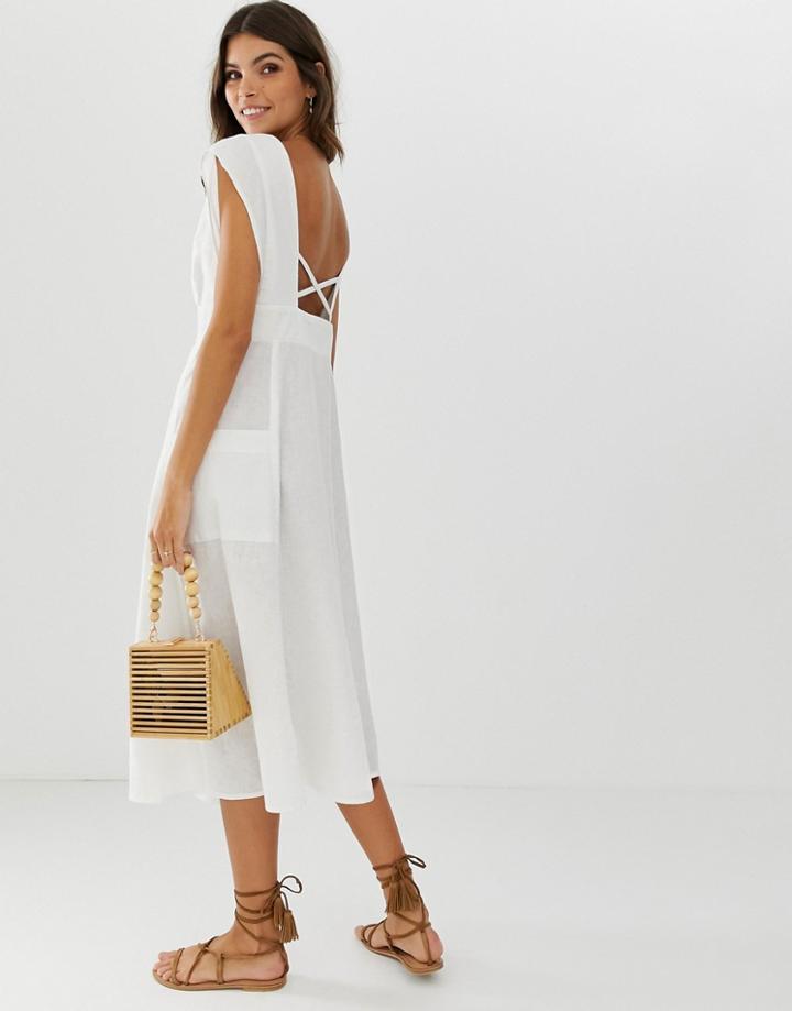 Asos Design Button Through Open Back Midi Dress With Pockets - White