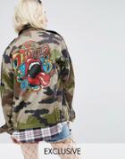 Reclaimed Vintage Revived Military Jacket With Rolling Stones Tour Back Print - Green