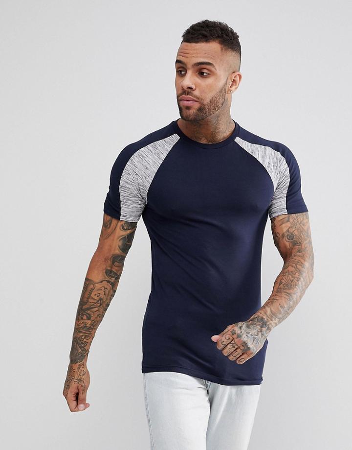 Asos Muscle T-shirt With Interest Fabric Shoulder Panels In Navy - Navy