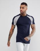 Asos Muscle T-shirt With Interest Fabric Shoulder Panels In Navy - Navy