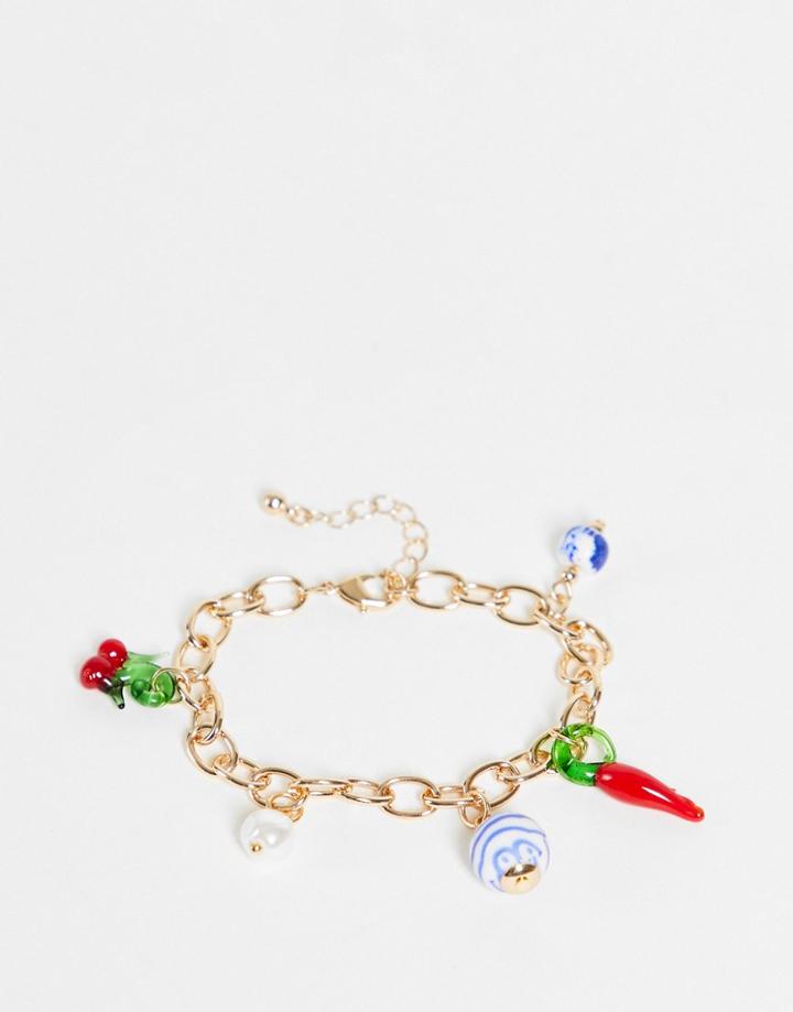 Monki Jacinta Bead And Fruit Charm Bracelet In Gold