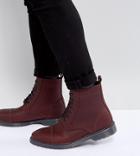 Asos Wide Fit Lace Up Boots In Burgundy Leather With Ribbed Sole - Red