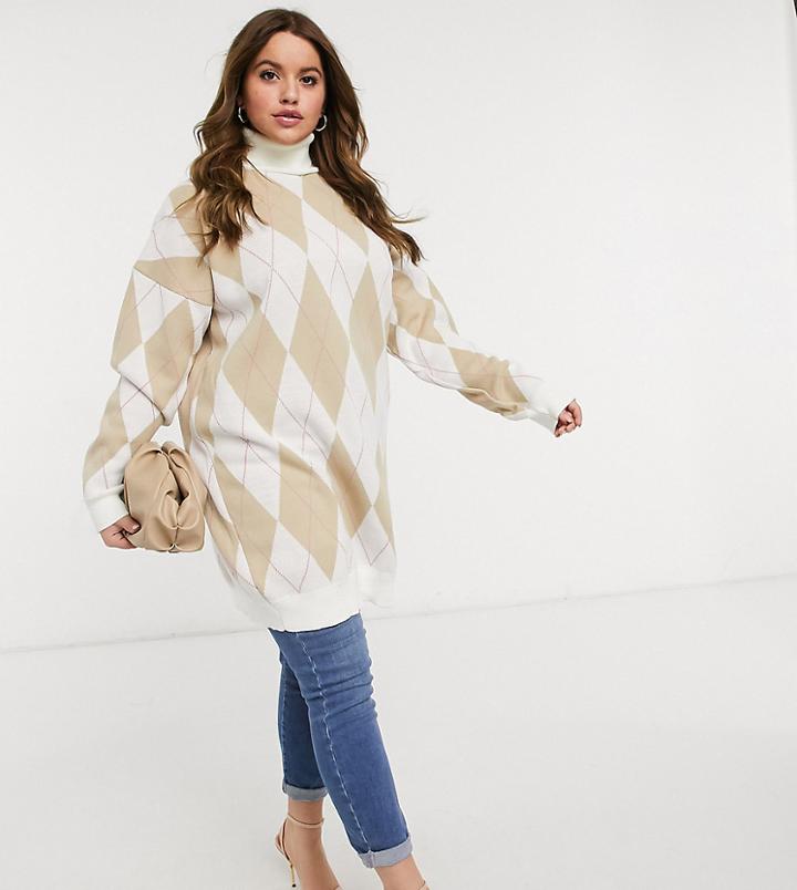 In The Style Plus X Olivia Bowen High Neck Oversized Knit Sweater In Cream Cross Print-multi